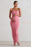 My Lady Maternity Blush Pink Strapless Bodycon Ruched Mesh Maxi Dress