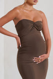 Evita Brown Maternity Sweetheart Twist Detail Midi Dress