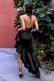 Lady Rosselini Black Strappy Asymmetric Ruffled Maxi Dress