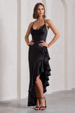 Lady Rosselini Black Strappy Asymmetric Ruffled Maxi Dress