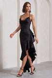 Lady Rosselini Black Strappy Asymmetric Ruffled Maxi Dress