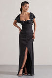 Signorina Black Polka Dot Buttoned Maxi Dress With Flounced Short Sleeves