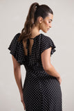 Signorina Black Polka Dot Buttoned Maxi Dress With Flounced Short Sleeves