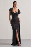 Signorina Black Polka Dot Buttoned Maxi Dress With Flounced Short Sleeves