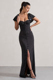 Signorina Black Polka Dot Buttoned Maxi Dress With Flounced Short Sleeves