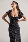 Signorina Black Polka Dot Buttoned Maxi Dress With Flounced Short Sleeves