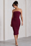 My Girl Burgundy Bandeau Bodycon Ruched Mesh Midi Dress