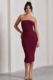 My Girl Burgundy Bandeau Bodycon Ruched Mesh Midi Dress