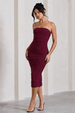 My Girl Burgundy Bandeau Bodycon Ruched Mesh Midi Dress