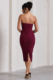 My Girl Burgundy Bandeau Bodycon Ruched Mesh Midi Dress