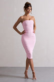 My Girl Pink Strapless Bodycon Ruched Mesh Midi Dress