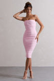 My Girl Pink Strapless Bodycon Ruched Mesh Midi Dress