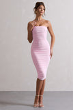 My Girl Pink Strapless Bodycon Ruched Mesh Midi Dress