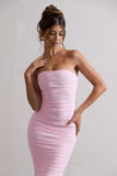 My Girl Pink Strapless Bodycon Ruched Mesh Midi Dress