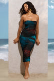 My Girl Blue Print Strapless Bodycon Ruched Mesh Midi Dress