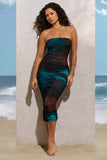 My Girl Blue Print Strapless Bodycon Ruched Mesh Midi Dress