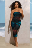 My Girl Blue Print Strapless Bodycon Ruched Mesh Midi Dress
