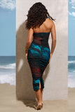 My Girl Blue Print Strapless Bodycon Ruched Mesh Midi Dress