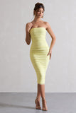 My Girl Lemon Strapless Bodycon Ruched Mesh Midi Dress