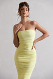 My Girl Lemon Strapless Bodycon Ruched Mesh Midi Dress