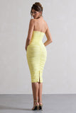 My Girl Lemon Strapless Bodycon Ruched Mesh Midi Dress