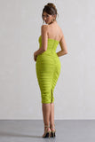 My Girl Green Strapless Bodycon Ruched Mesh Midi Dress