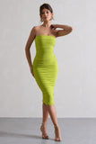 My Girl Green Strapless Bodycon Ruched Mesh Midi Dress
