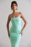 My Girl Iced Green Strapless Bodycon Ruched Mesh Midi Dress