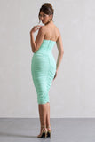 My Girl Iced Green Strapless Bodycon Ruched Mesh Midi Dress