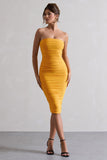 My Girl Mango Strapless Bodycon Ruched Mesh Midi Dress