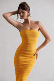 My Girl Mango Strapless Bodycon Ruched Mesh Midi Dress