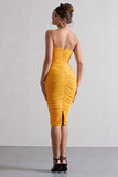 My Girl Mango Strapless Bodycon Ruched Mesh Midi Dress