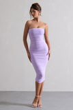 My Girl Lilac Strapless Bodycon Ruched Mesh Midi Dress