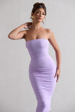 My Girl Lilac Strapless Bodycon Ruched Mesh Midi Dress