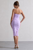 My Girl Lilac Strapless Bodycon Ruched Mesh Midi Dress