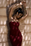 My Girl Burgundy Bandeau Bodycon Ruched Mesh Midi Dress