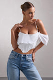 Lost In Your Love White Asymmetric Corset Top With Draped Chiffon Sleeve