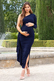 Never Let Go Navy Maternity One Shoulder Ruched Side Detail Maxi Dress