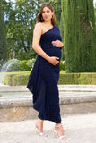 Never Let Go Navy Maternity One Shoulder Ruched Side Detail Maxi Dress