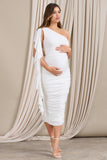 Streamer White Asymmetric Ruffled Maternity Midi Dress