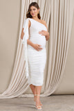 Streamer White Asymmetric Ruffled Maternity Midi Dress