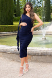 Streamer Navy Asymmetric Ruffled Maternity Midi Dress