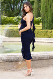 Streamer Navy Asymmetric Ruffled Maternity Midi Dress