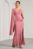 Rhea Blush Pink V-Neck Split Maternity Maxi Dress With Cape Sleeve