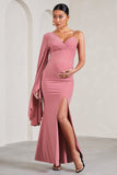 Rhea Blush Pink V-Neck Split Maternity Maxi Dress With Cape Sleeve