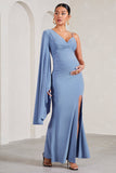 Rhea Cornflower Blue V-Neck Split Maternity Maxi Dress With Cape Sleeve