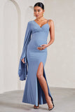 Rhea Cornflower Blue V-Neck Split Maternity Maxi Dress With Cape Sleeve