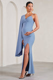 Rhea Cornflower Blue V-Neck Split Maternity Maxi Dress With Cape Sleeve