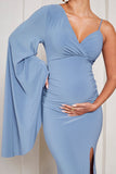 Rhea Cornflower Blue V-Neck Split Maternity Maxi Dress With Cape Sleeve
