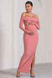 Kaylee Blush Pink Ruched Strapless Long-Sleeved Split Maternity Maxi Dress